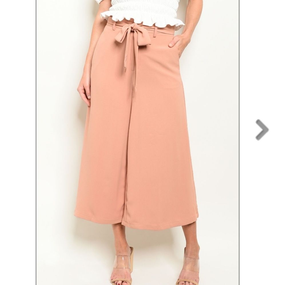 Peach Wide Leg Cropped Front Tie Pants